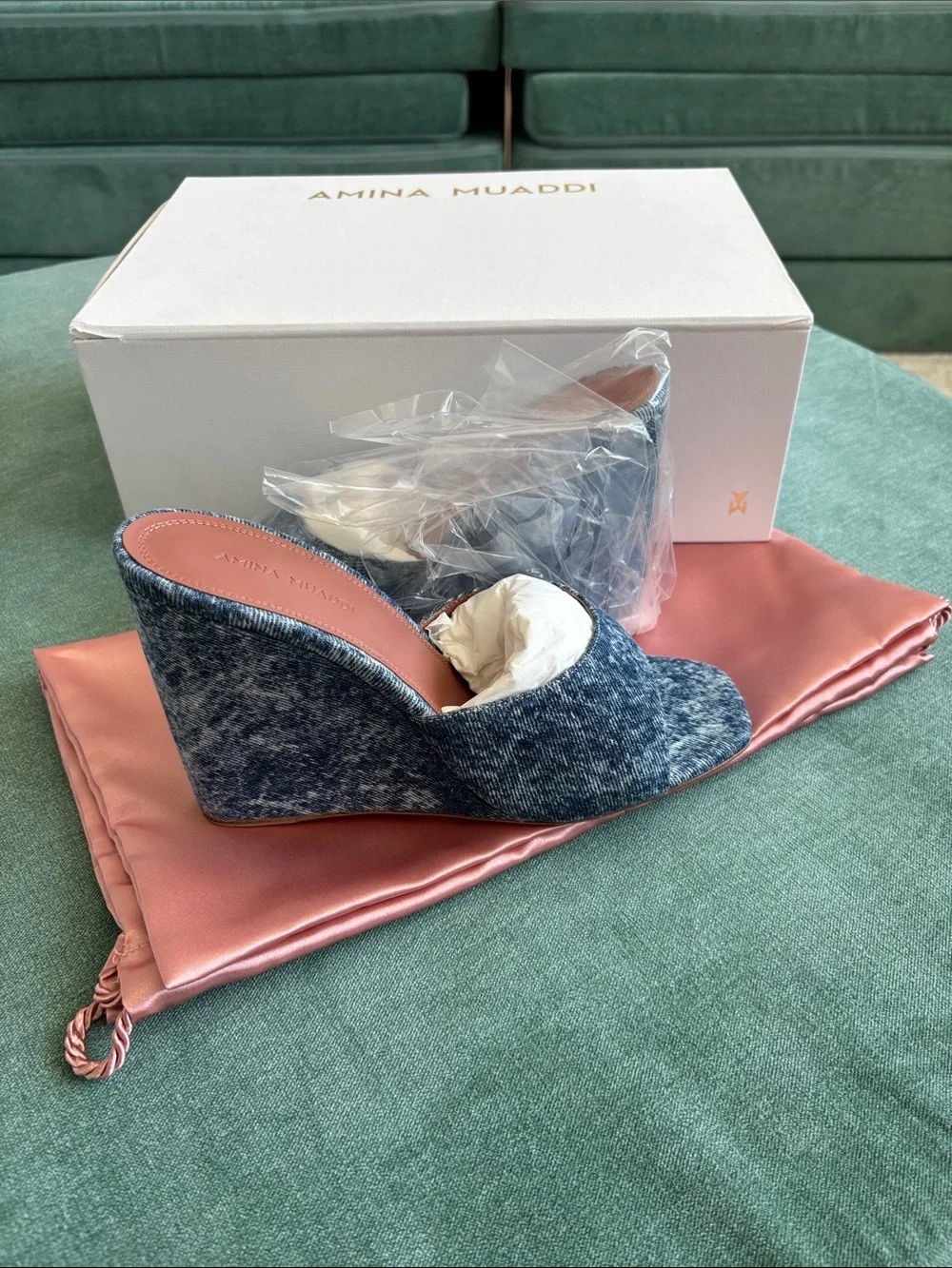 Amina Muaddi Lupita Wedge 95 mm Heel- Denim Acid Open-Toe Wedge - Size EU 38.5
